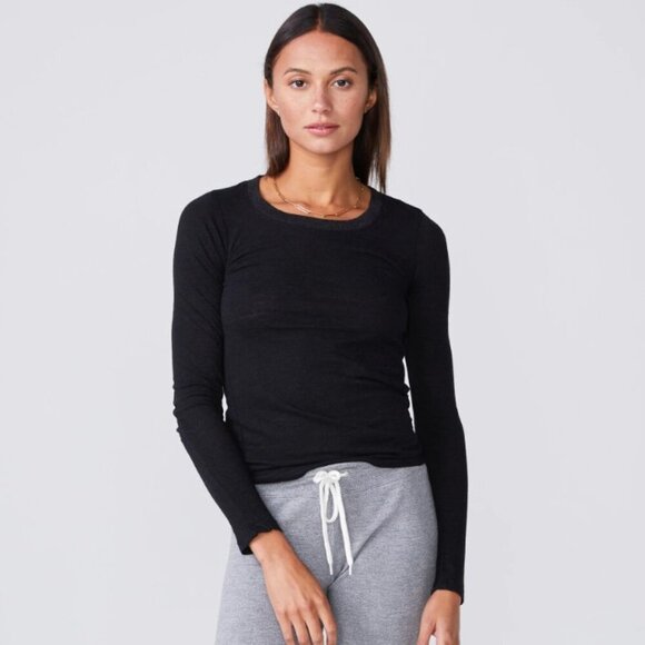 Monrow Black Textured Tri-Blend Fitted Long Sleeve Crewneck Tee - Size XL - Picture 1 of 8